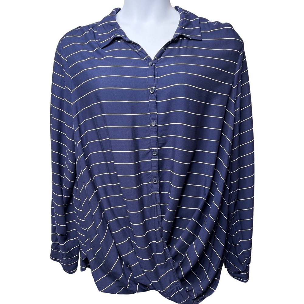 BLL NEW‎ YORK Navy Blue Striped Button Down Twist Front Hem Blouse 3X Nautical